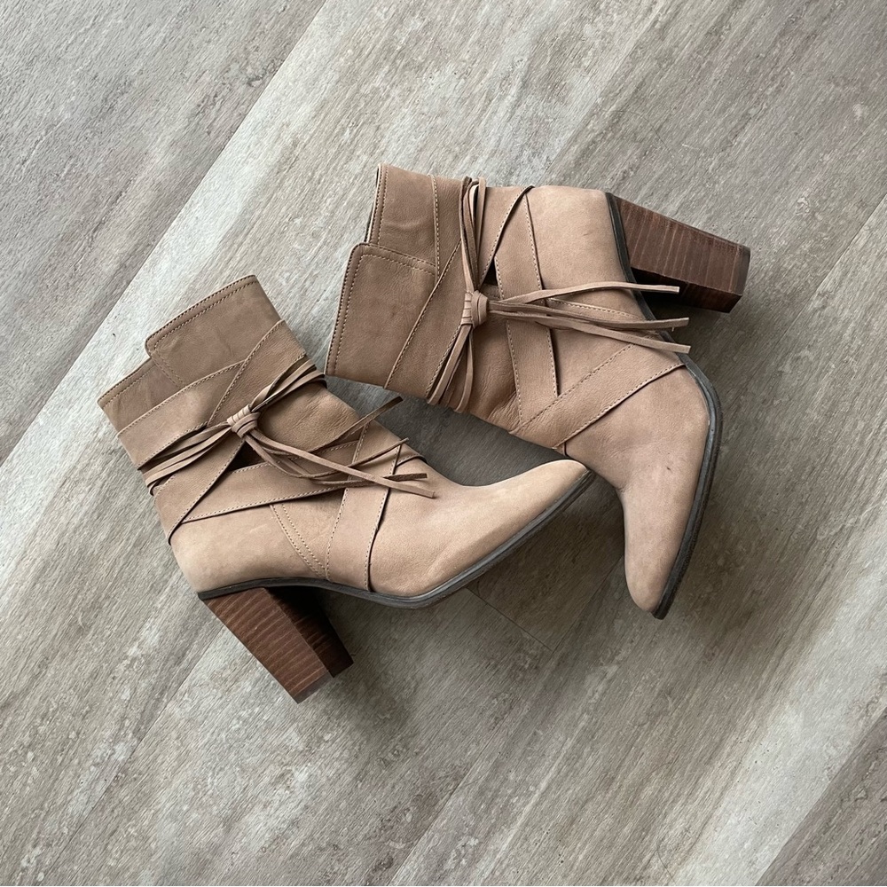 Soft as butter sand suede block heel booties.